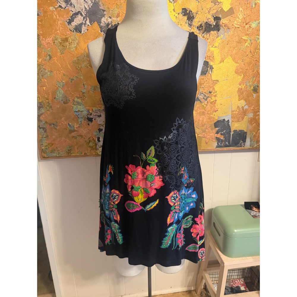Desigual Black Floral Beaded Mandala Sleeveless Tunic Top Tank Womens Large